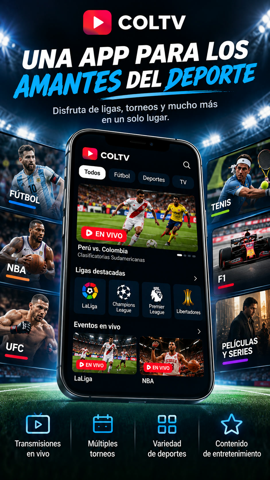 Imagen promocional de la app COLTV con categorías de fútbol y otros deportes