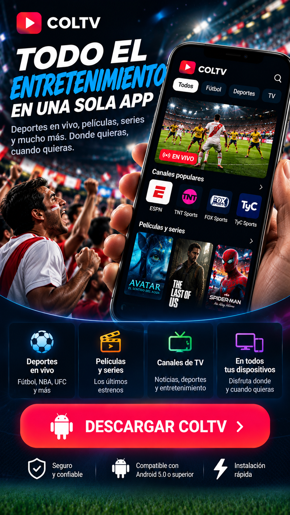 Imagen promocional de COLTV con televisión y entretenimiento