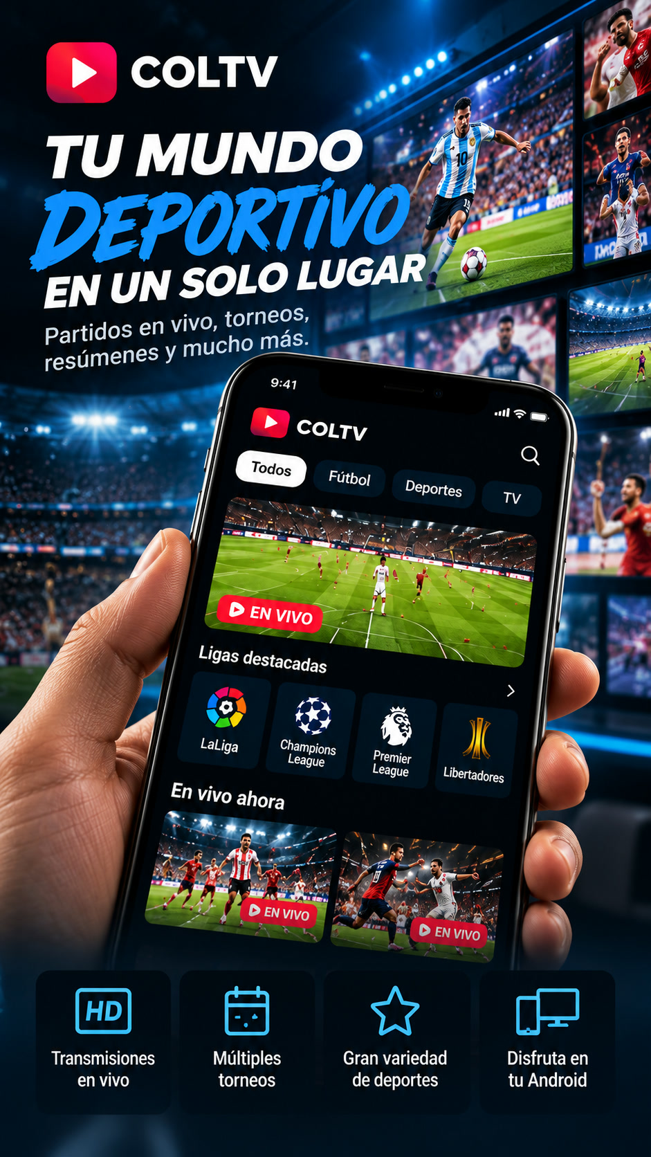 Pantallas con momentos deportivos y la app COLTV